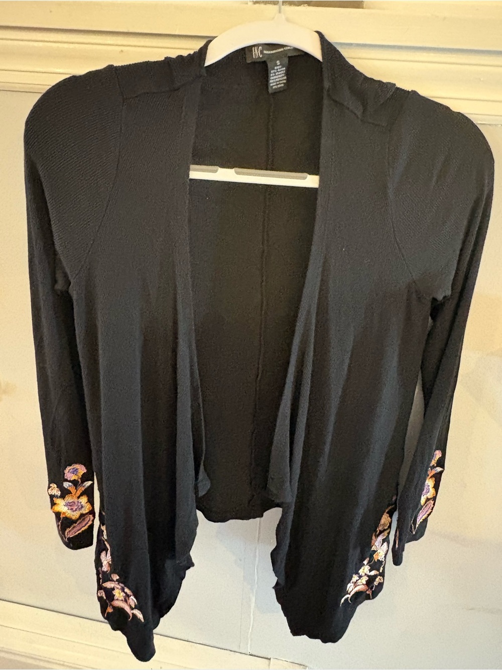 INC International Concepts Black Open-Front Women's Cardigan with Floral Accent